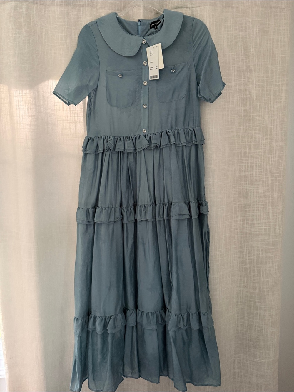 Dusty Blue Tiered Dress with Peter Pan Collar